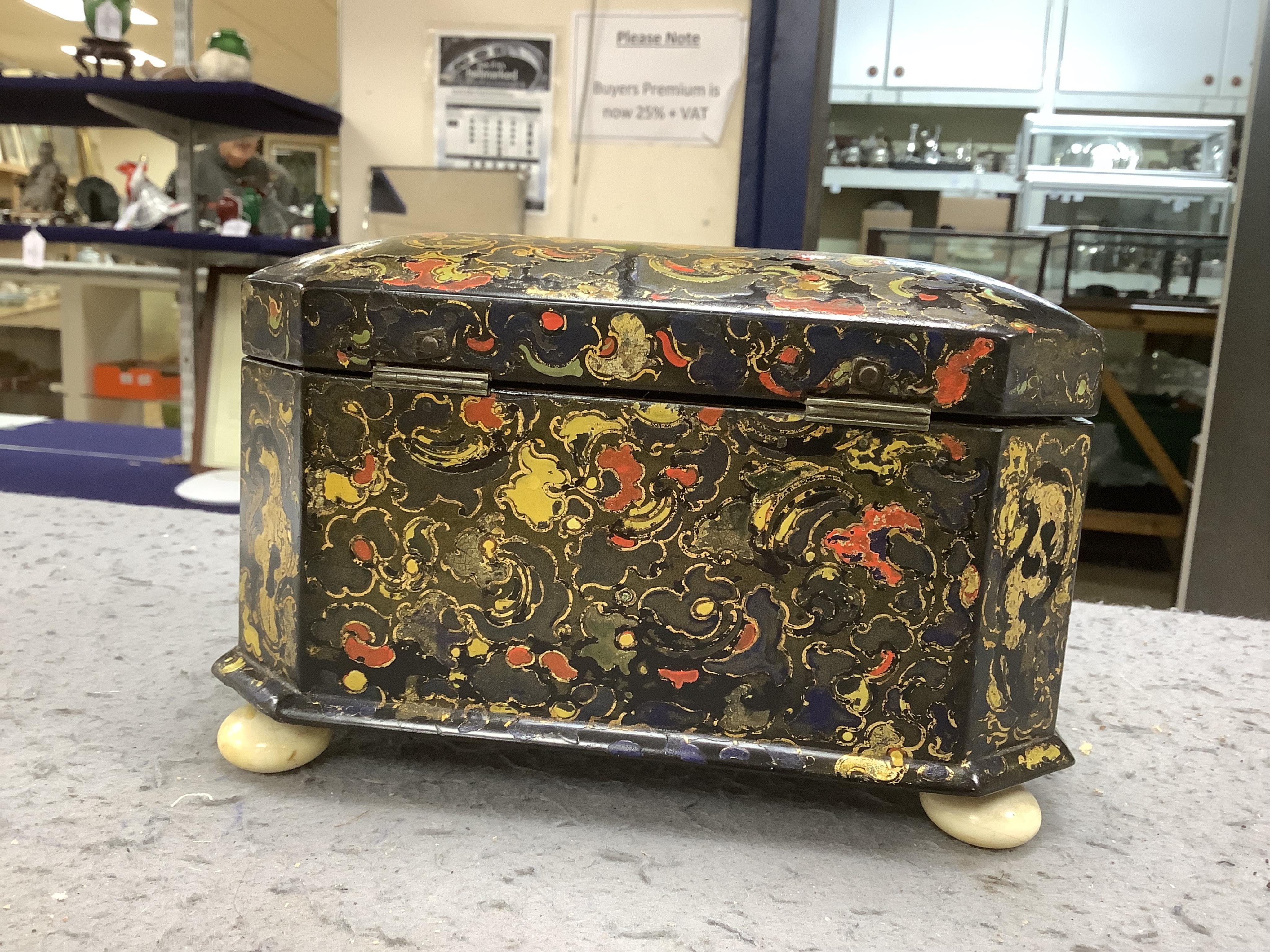 A Victorian Jennens & Bettridge papier mache tea caddy, stamped mark, 20cm wide. CITES Submission reference MB3GJPPY. Condition - fair to good (repaired hinge area)
